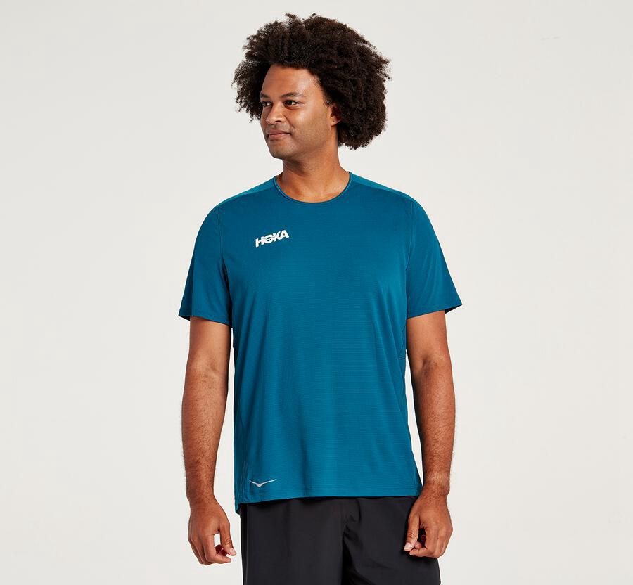 Hoka One One Performance Short Sleeve - Men Tops - Blue,Australia GDZ-928045